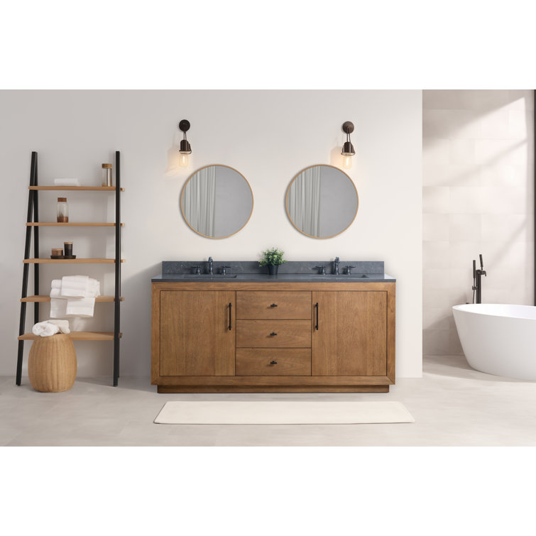 72" Tan and Black Limestone Double Sink Bathroom Vanity