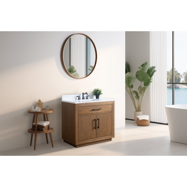 36" Tan Poplar Wood Bathroom Vanity with White Marble Top