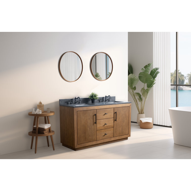 60" Tan Double Sink Bathroom Vanity with Black Limestone Top