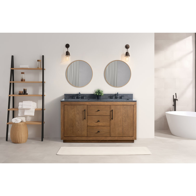 60" Tan Double Sink Bathroom Vanity with Black Limestone Top