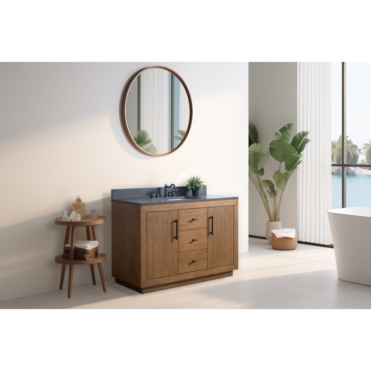 48" Tan Poplar Wood Bathroom Vanity with Black Limestone Top