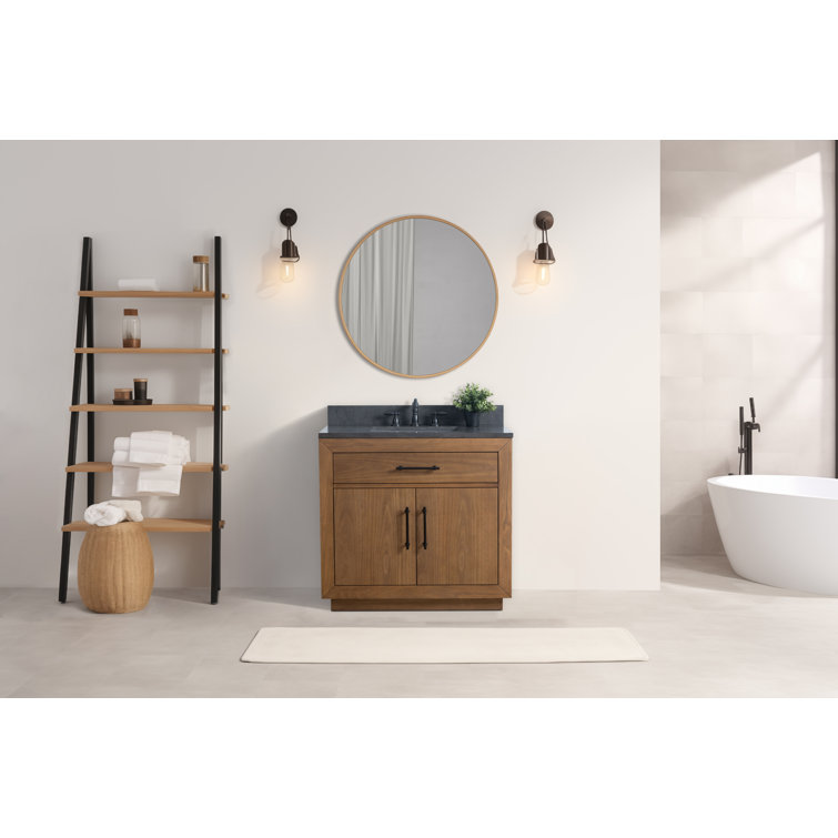 36" Tan Poplar Wood Bathroom Vanity with Black Limestone Top