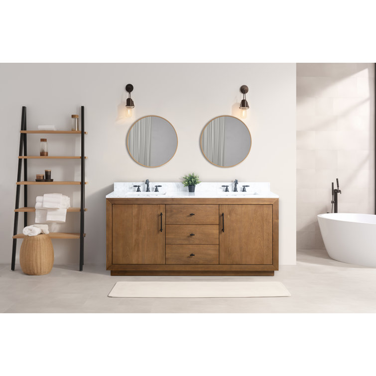 72" Tan Poplar Wood Double Sink Vanity with Arabescato White Marble Top