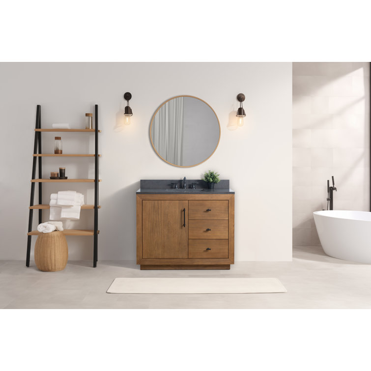 Tan 42" Single Bathroom Vanity with Black Limestone Top