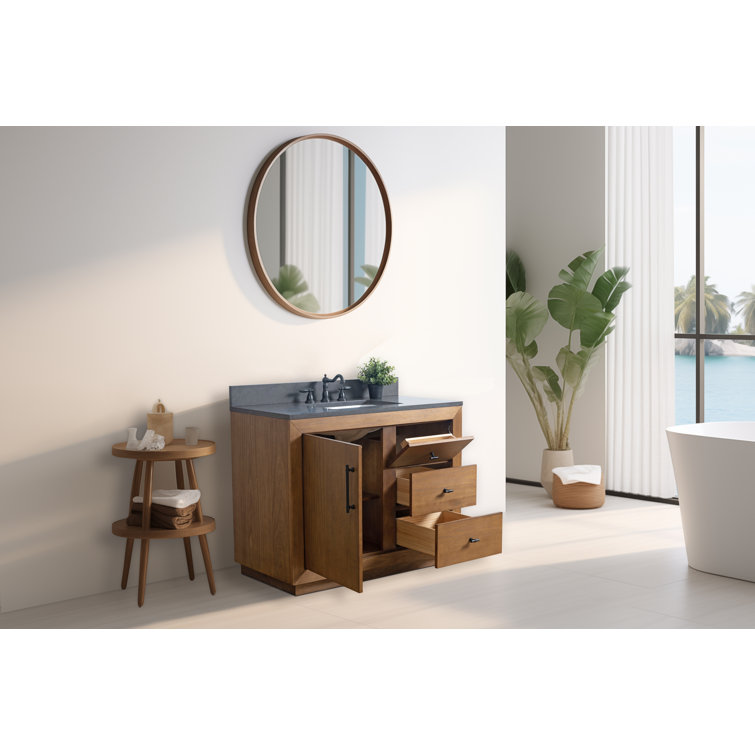 Tan 42" Single Bathroom Vanity with Black Limestone Top
