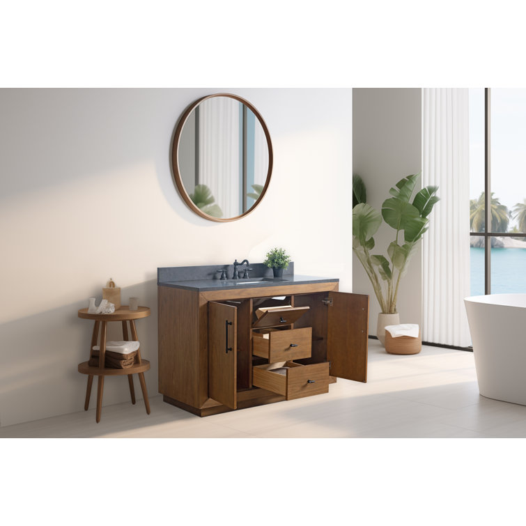 48" Tan Poplar Wood Bathroom Vanity with Black Limestone Top