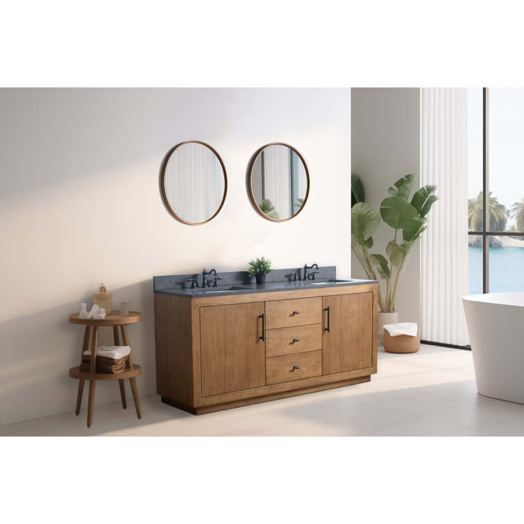 72" Tan and Black Limestone Double Sink Bathroom Vanity