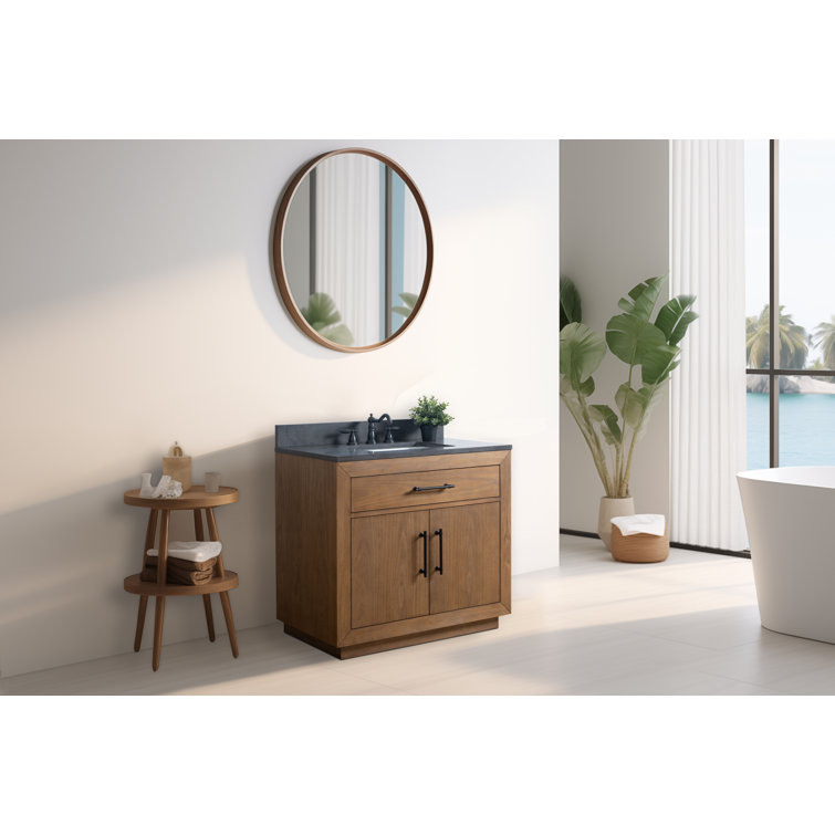 36" Tan Poplar Wood Bathroom Vanity with Black Limestone Top