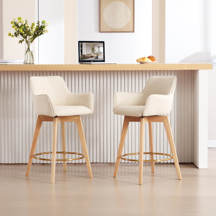 Beige Linen and Natural Wood Swivel Counter Stools, Set of 2