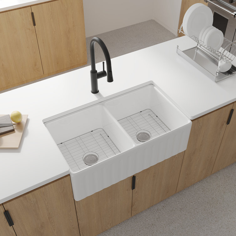 White Fireclay Double Bowl Farmhouse Kitchen Sink, 33"