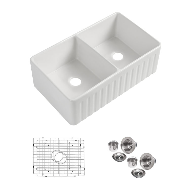 White Fireclay Double Bowl Farmhouse Kitchen Sink, 33"