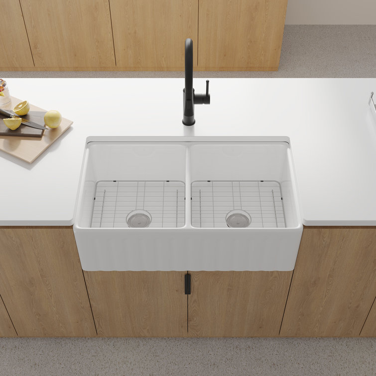 White Fireclay Double Bowl Farmhouse Kitchen Sink, 33"