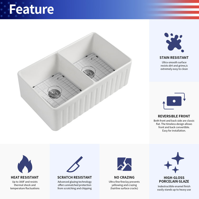 White Fireclay Double Bowl Farmhouse Kitchen Sink, 33"