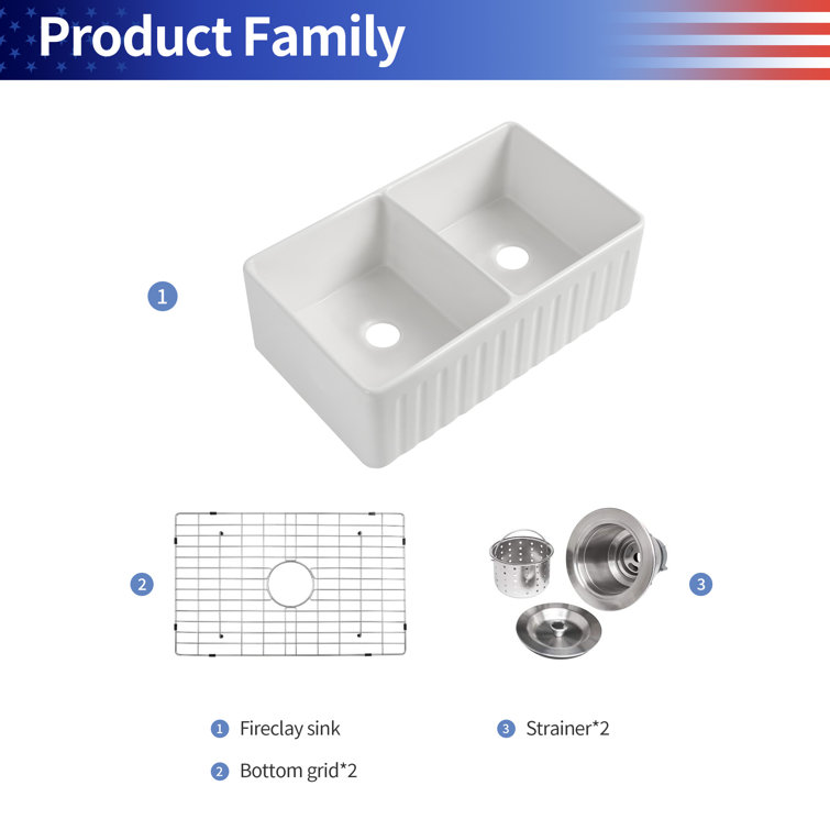 White Fireclay Double Bowl Farmhouse Kitchen Sink, 33"