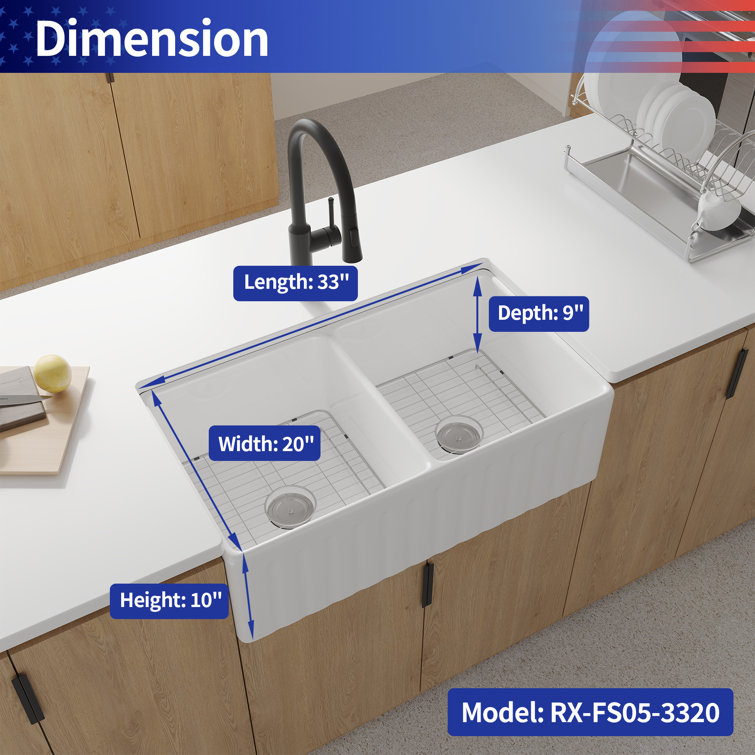 White Fireclay Double Bowl Farmhouse Kitchen Sink, 33"