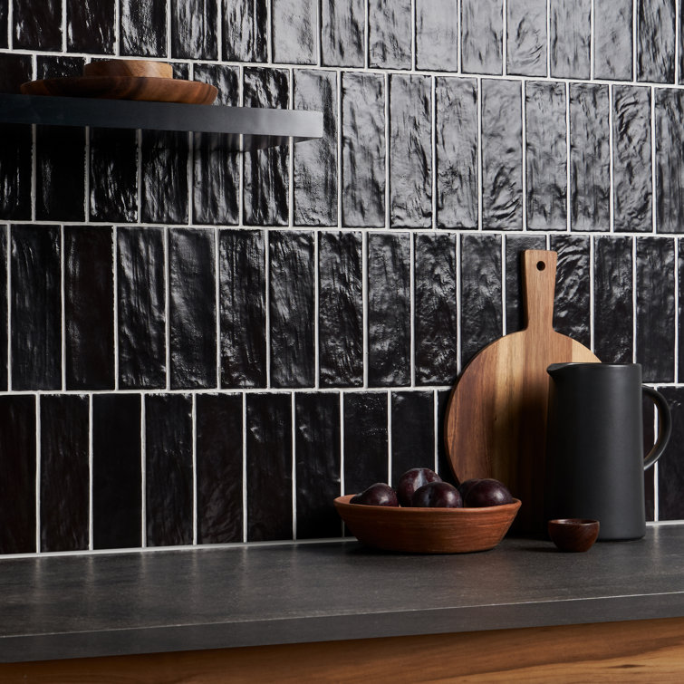 Nassau Black Ceramic Satin Subway Wall Tile 2" x 8"