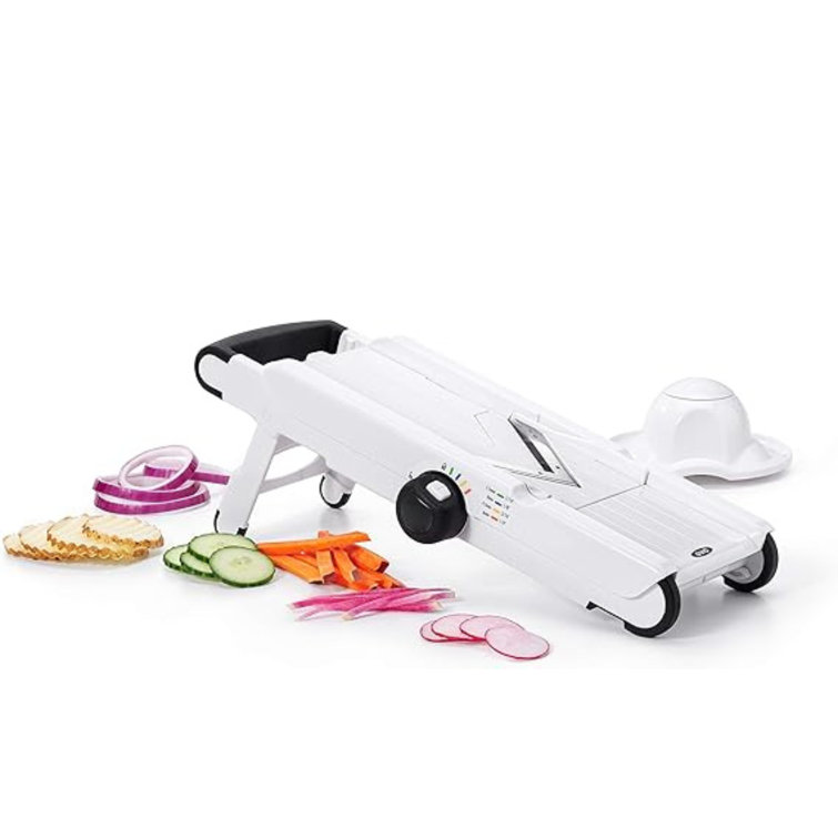 White Adjustable V-Blade Mandoline Slicer with Safety Holder
