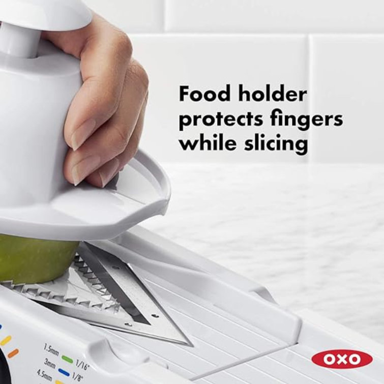 White Adjustable V-Blade Mandoline Slicer with Safety Holder