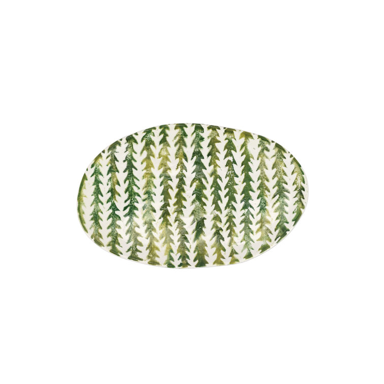 Green Ceramic Oval Platter with Leaf Pattern