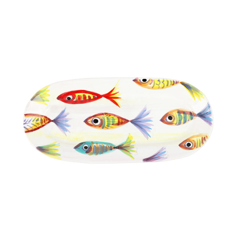 Hand-Painted Multicolor Fish Ceramic Oval Platter