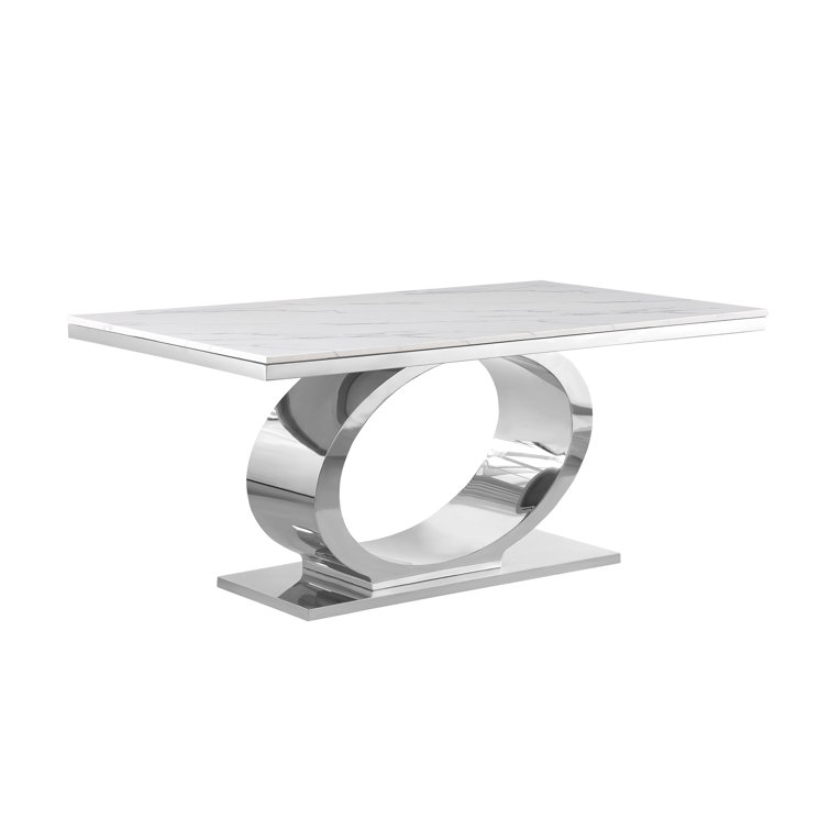 Khiri Cream and Silver Marble Top Pedestal Dining Set