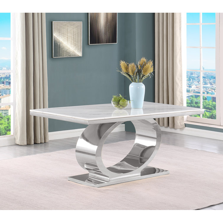 Khiri Cream and Silver Marble Top Pedestal Dining Set