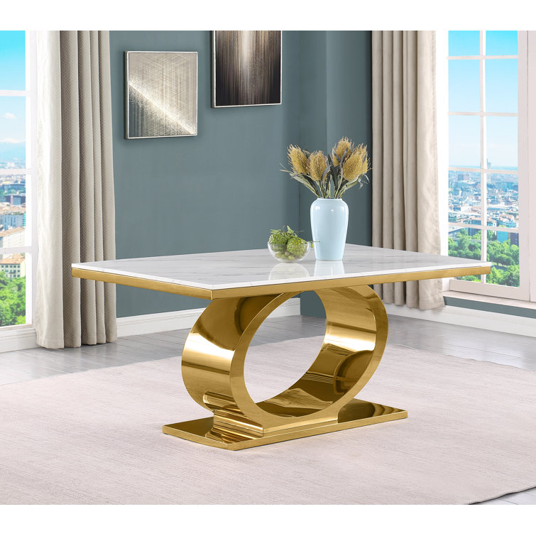 Cream and Gold Marble Top Pedestal Dining Set with 4 Chairs