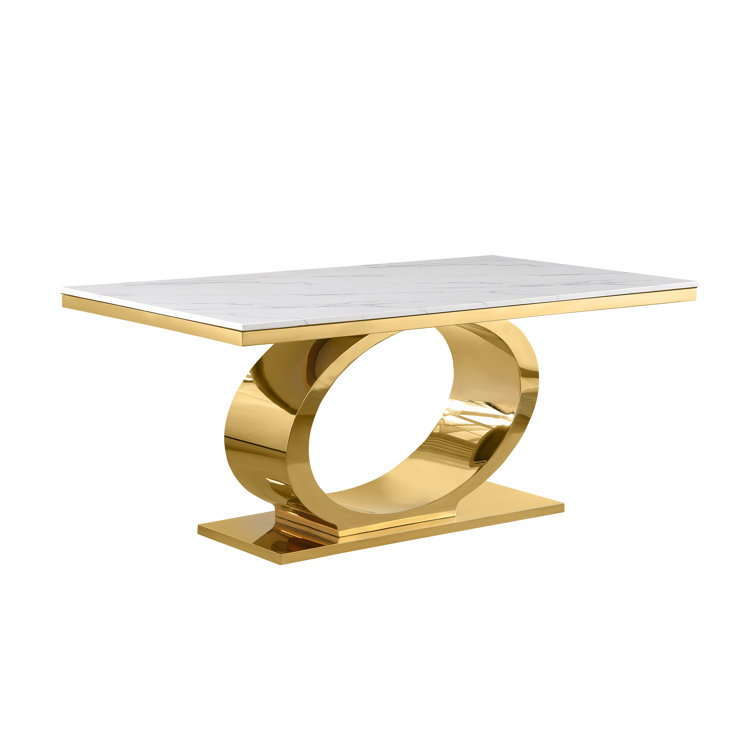 Cream and Gold Marble Top Pedestal Dining Set with 4 Chairs
