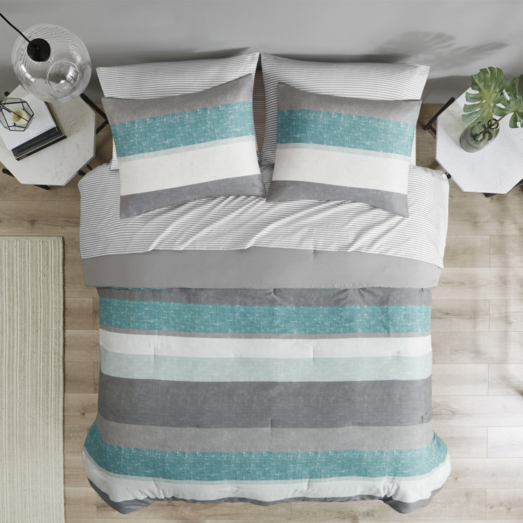 Aqua and Grey Reversible Microfiber Full Bedding Set