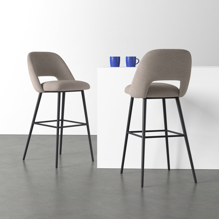 Gray Upholstered Low Back Bar Stools with Metal Legs, Set of 2