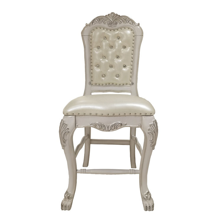Ivory Faux Leather Upholstered Side Chair with Carved Wood Frame