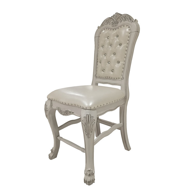 Ivory Faux Leather Upholstered Side Chair with Carved Wood Frame
