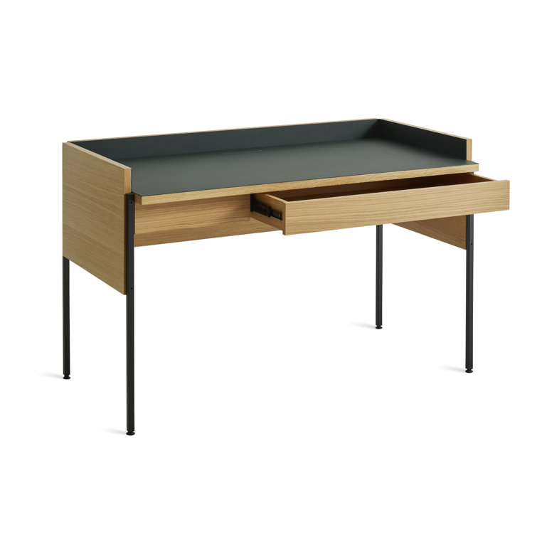 White Oak and Navy Green Desk with Drawer