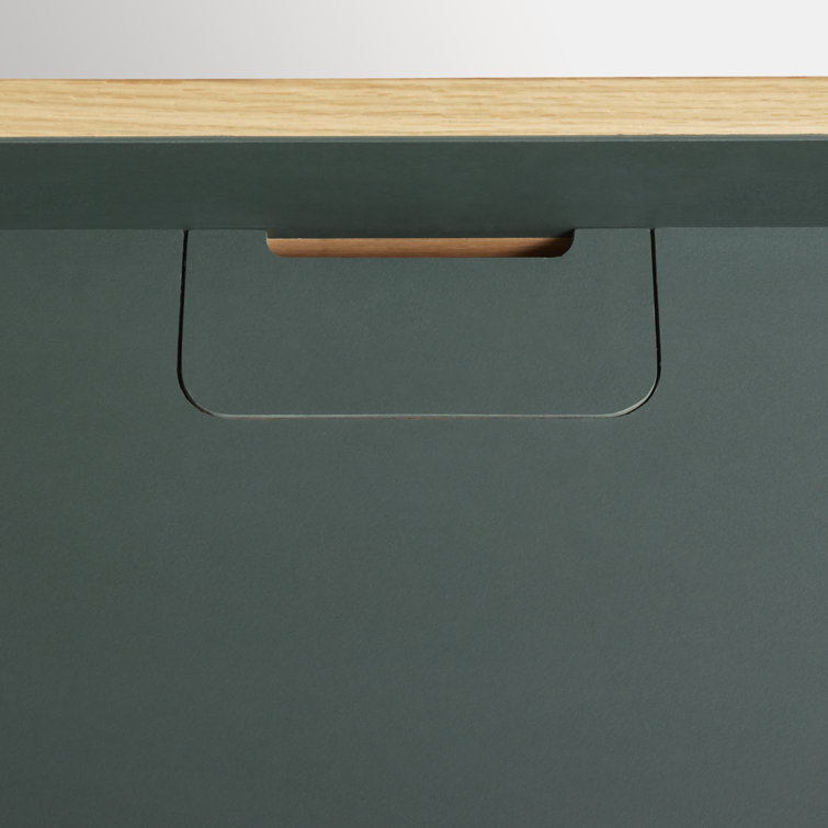White Oak and Navy Green Desk with Drawer