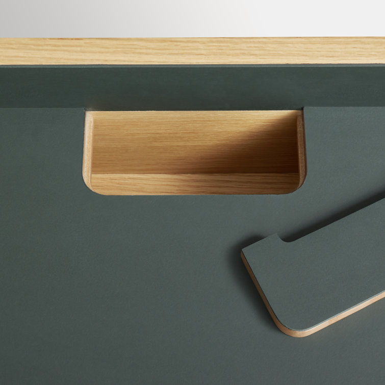 White Oak and Navy Green Desk with Drawer