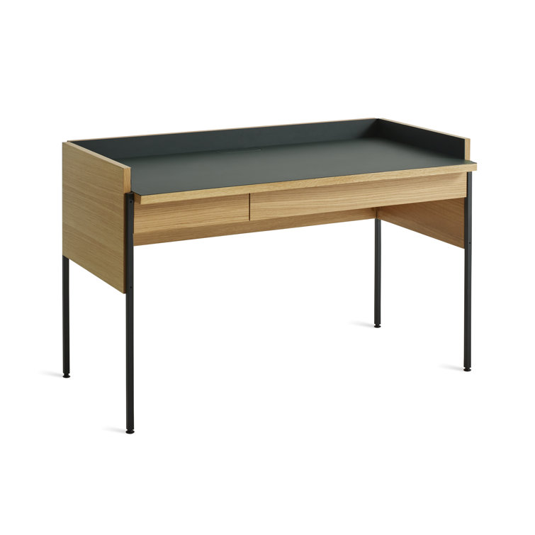 White Oak and Navy Green Desk with Drawer