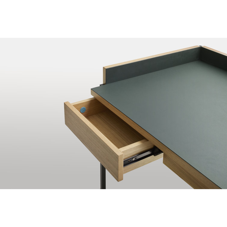 White Oak and Navy Green Desk with Drawer