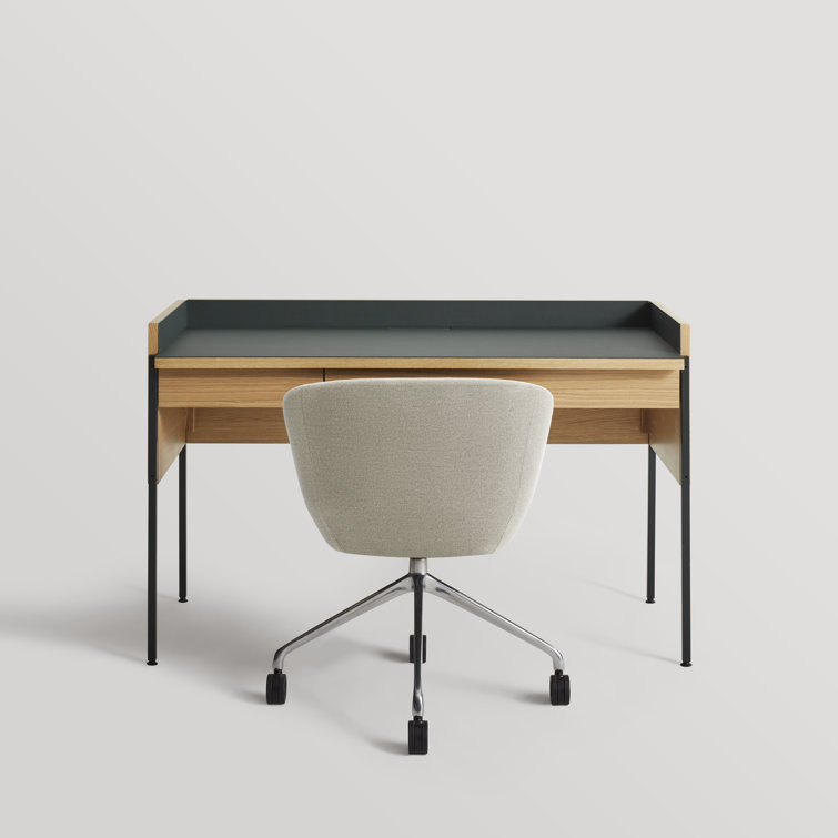 White Oak and Navy Green Desk with Drawer