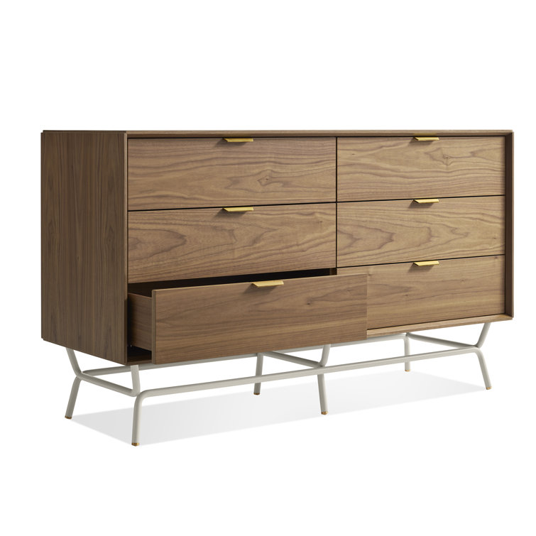 Walnut and Putty Gray Metal-Wood 6 Drawer Dresser with Soft Close