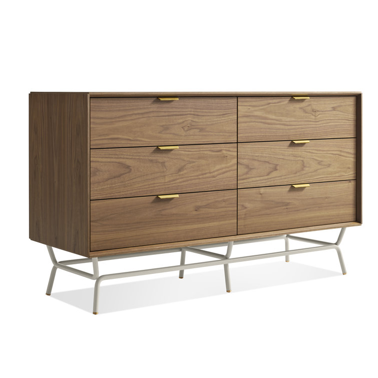 Walnut and Putty Gray Metal-Wood 6 Drawer Dresser with Soft Close
