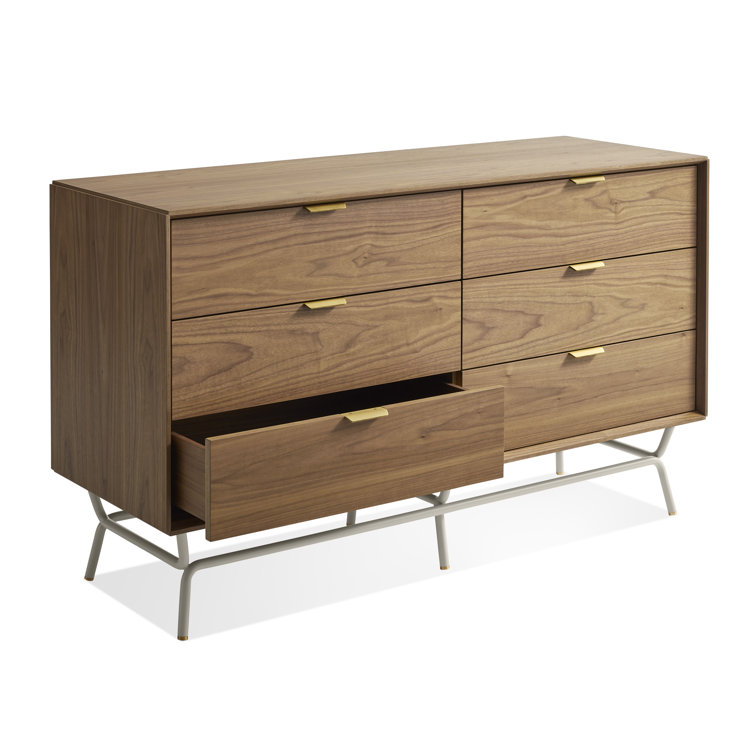 Walnut and Putty Gray Metal-Wood 6 Drawer Dresser with Soft Close