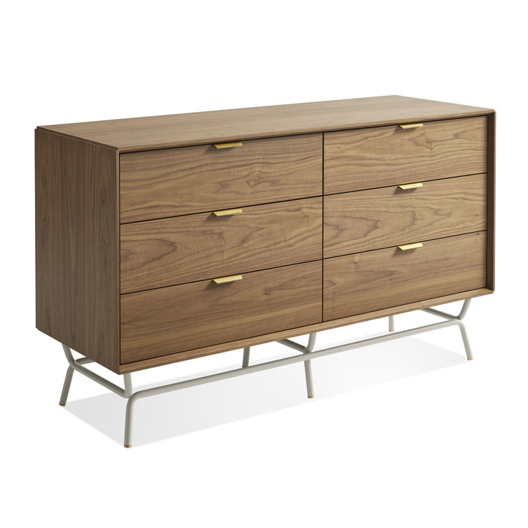Walnut and Putty Gray Metal-Wood 6 Drawer Dresser with Soft Close