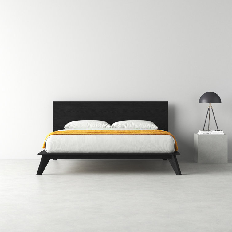 King Black Oak Wood Platform Bed with Headboard and Drawer