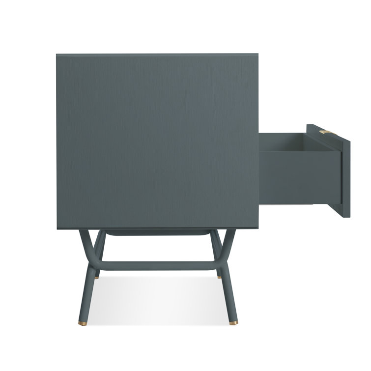 Marine Blue Wood 2 Drawer Nightstand with Brass Pulls