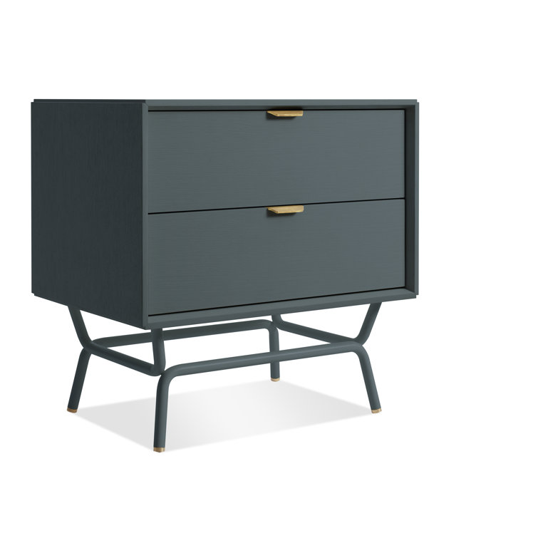 Marine Blue Wood 2 Drawer Nightstand with Brass Pulls