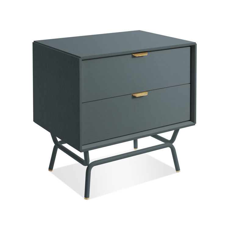 Marine Blue Wood 2 Drawer Nightstand with Brass Pulls