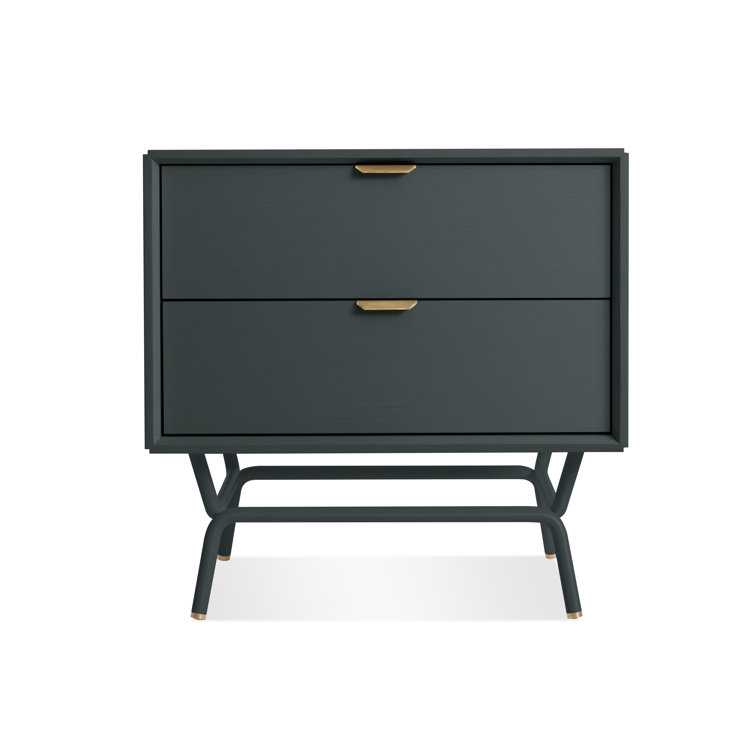 Navy Green Wood 2 Drawer Nightstand with Brass Pulls