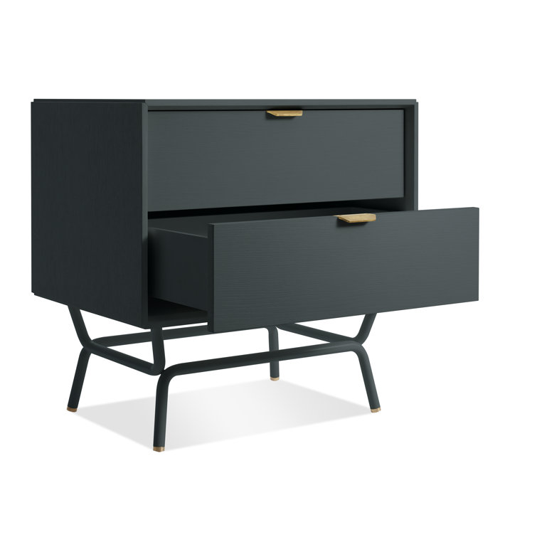 Navy Green Wood 2 Drawer Nightstand with Brass Pulls