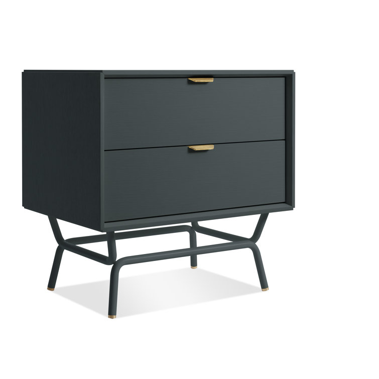 Navy Green Wood 2 Drawer Nightstand with Brass Pulls