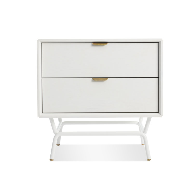 White Wood 2-Drawer Nightstand with Brass Pulls